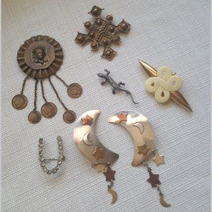 Collection of Vintage Broaches, earrings and an 1890s Victorian Button